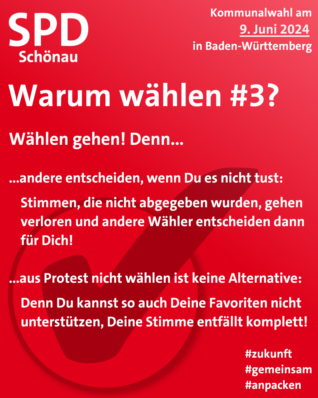 Rote Kachel mit Text: Warum wählen #3? Wählen gehen! Denn andere entscheiden, wenn du es nicht tust: Stimmen die nicht abgegeben wurden, gehen verloren und andere Wähler entscheiden dann für dich! Denn aus Protest nicht wählen ist keine Alternative: Denn du kannst so auch deine Favoriten nicht unterstützen, deine Stimme entfällt komplett!