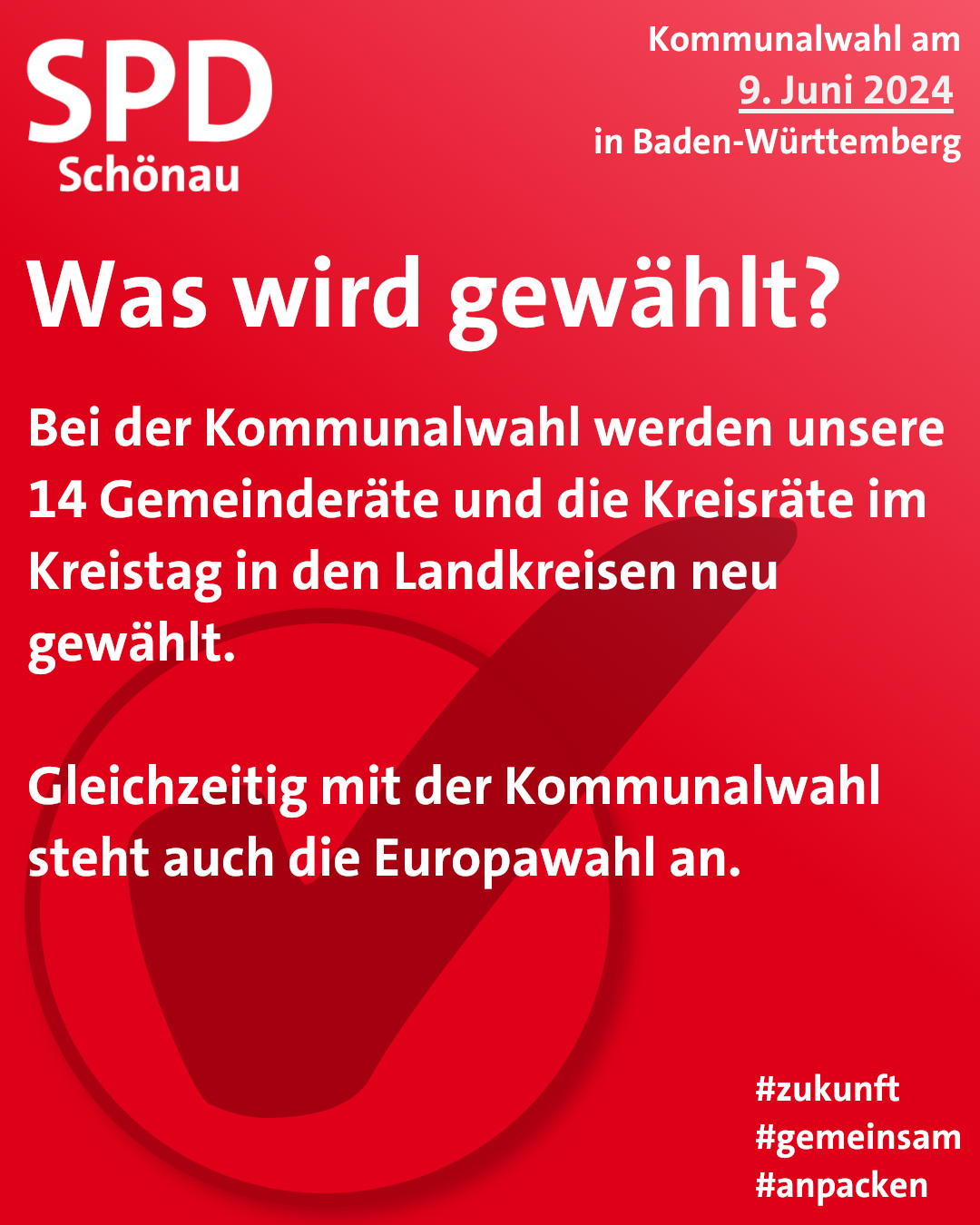 Rote Kachel mit Text: Was wird gewählt? Bei der Kommunalwahl werden unsere 14 Gemeinderäte und die Kreisräte im Kreistag in den Landkreisen neu gewählt. Gleichzeitig mit der Kommunalwahl steht auch die Europawahl an.