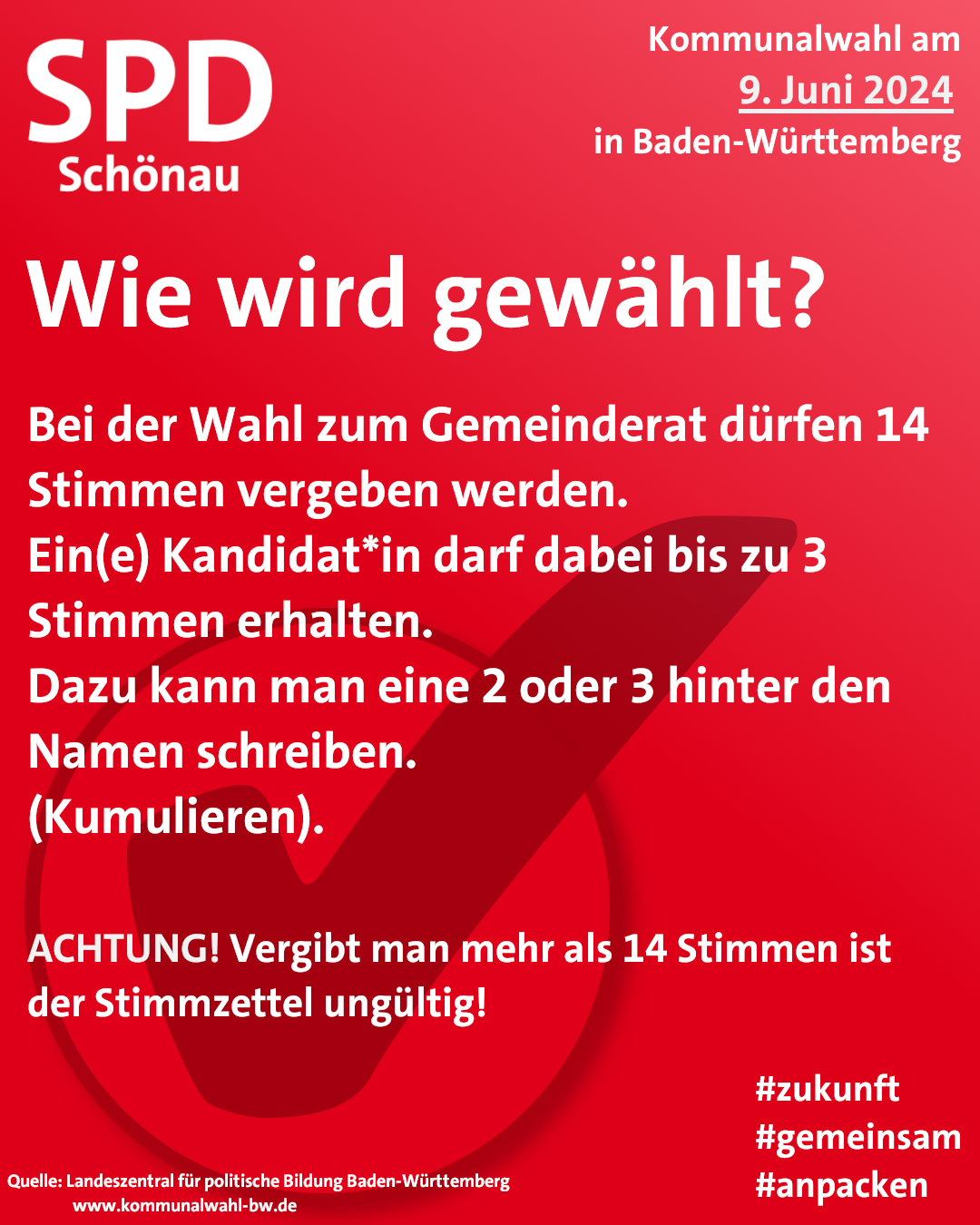 Rote Kachel mit Text: Wie wird gewählt? Bei der Wahl zum Gemeinderat dürfen 14 Stimmen vergeben werden. Ein(e) Kandidat*in darf dabei bis zu 3 Stimmen erhalten. Dazu kann man eine 2 oder 3 hinter den Namen schreiben. (Kummulieren) Achtung! Vergibt man mehr als 14 Stimmen ist der Stimmzettel ungültig!