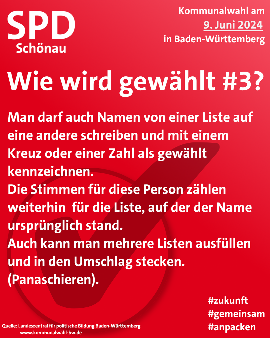 Rote Kachel mit Text: Wie wird gewählt #3? Man darf auch Namen von einer Liste auf eine Andere schreiben und mit einem Kreuz oder einer Zahl als gewählt kennzeichnen. DIe Stimmen für diese Person zählen weiterhin für die Liste auf der der Name ursprünglich stand. Auch kann man mehrere Listen ausfüllen und in den Umschlag stecken. (Panaschieren)